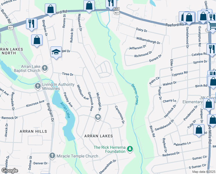 map of restaurants, bars, coffee shops, grocery stores, and more near 5906 Aftonshire Drive in Fayetteville