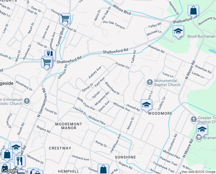 map of restaurants, bars, coffee shops, grocery stores, and more near 3912 McDowell Street in Chattanooga