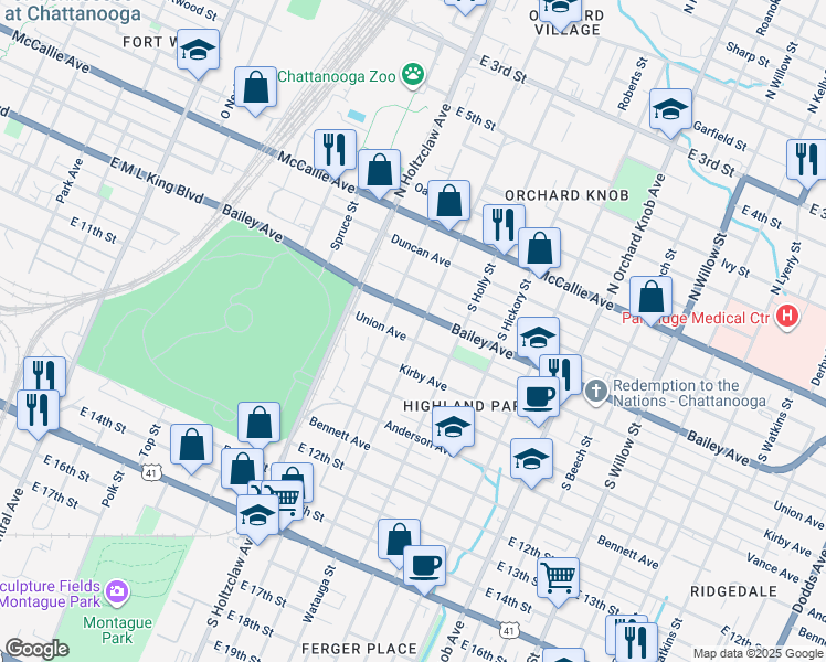 map of restaurants, bars, coffee shops, grocery stores, and more near 1402 Bailey Avenue in Chattanooga