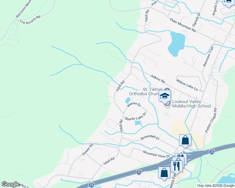 map of restaurants, bars, coffee shops, grocery stores, and more near 355 Isbill Road in Chattanooga