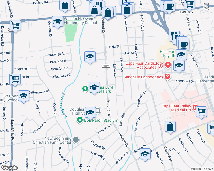 map of restaurants, bars, coffee shops, grocery stores, and more near 1606 Ireland Drive in Fayetteville