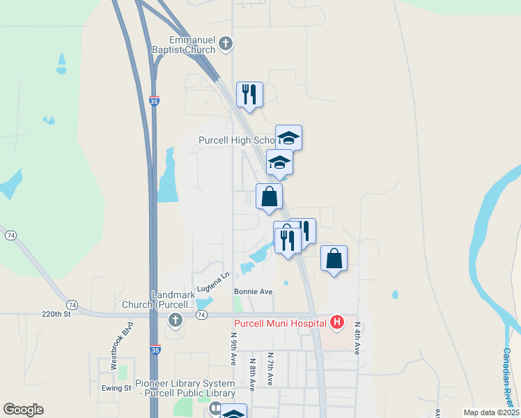 map of restaurants, bars, coffee shops, grocery stores, and more near 801 Crown Heights Lane in Purcell
