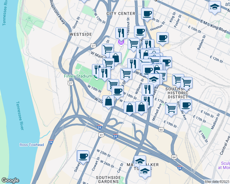 map of restaurants, bars, coffee shops, grocery stores, and more near 1810 Chestnut Street in Chattanooga
