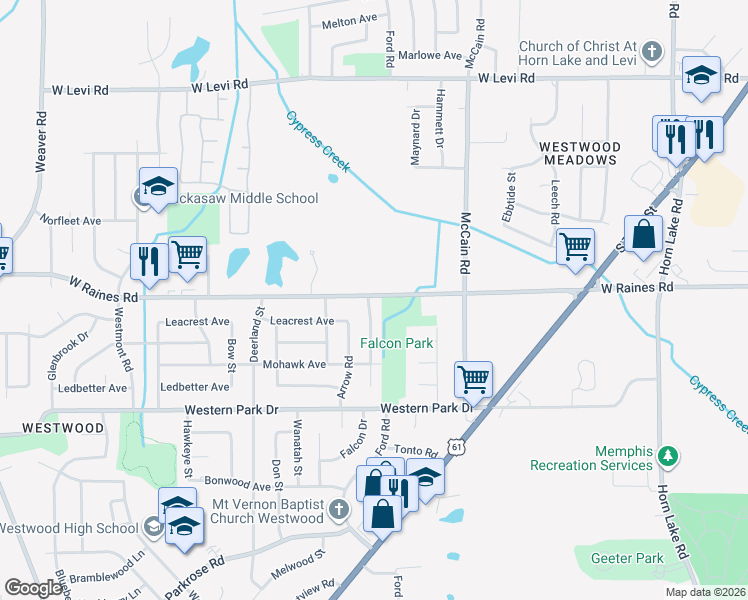 map of restaurants, bars, coffee shops, grocery stores, and more near 54 Falcon Drive in Memphis