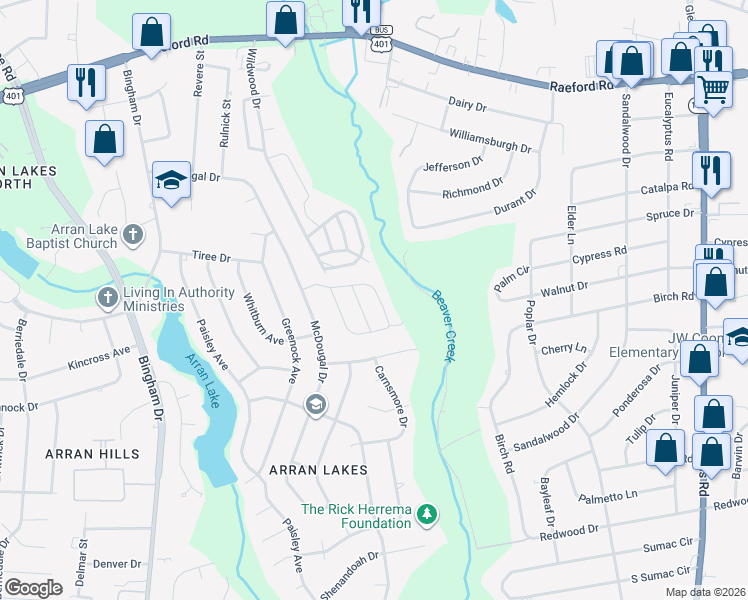 map of restaurants, bars, coffee shops, grocery stores, and more near 5858 Aftonshire Drive in Fayetteville