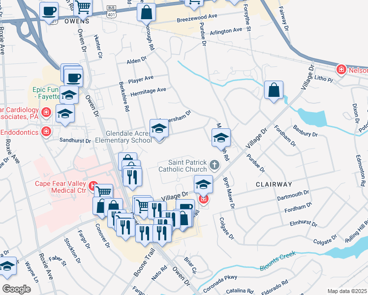 map of restaurants, bars, coffee shops, grocery stores, and more near 2915 Skycrest Drive in Fayetteville