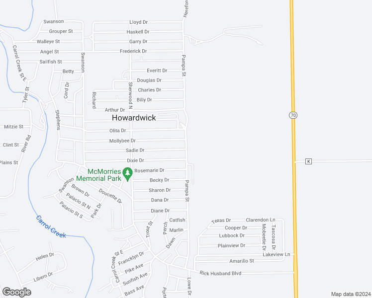 map of restaurants, bars, coffee shops, grocery stores, and more near Pampa Street in Howardwick
