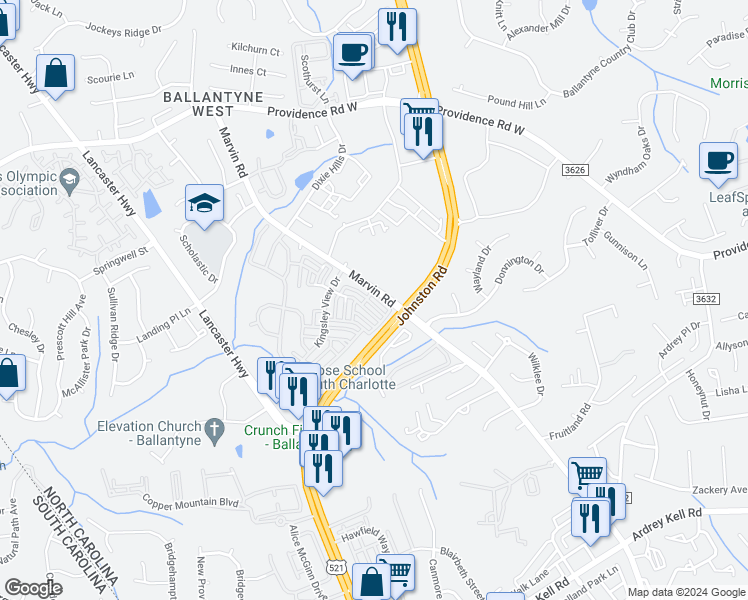 map of restaurants, bars, coffee shops, grocery stores, and more near 15704 Kensington Palace Lane in Charlotte
