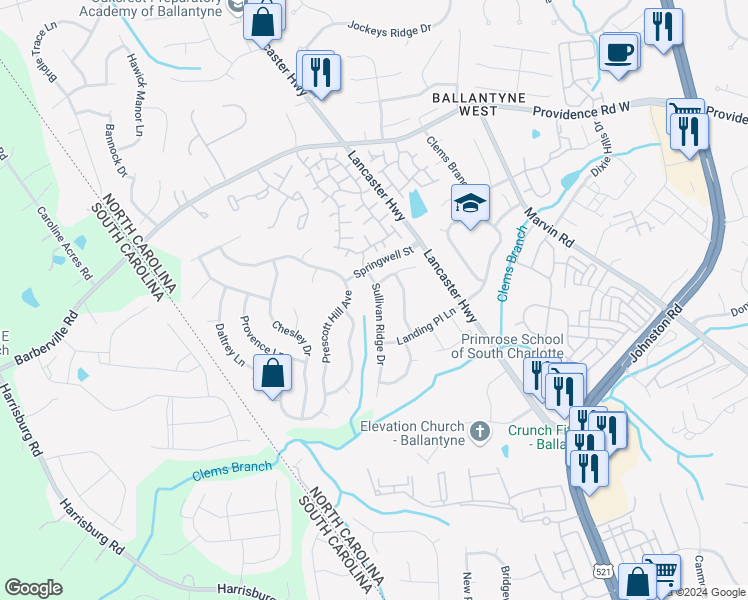 map of restaurants, bars, coffee shops, grocery stores, and more near 15530 Sullivan Ridge Drive in Charlotte