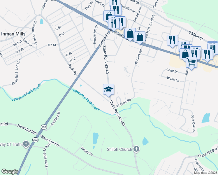 map of restaurants, bars, coffee shops, grocery stores, and more near Blackstock Rd in Inman