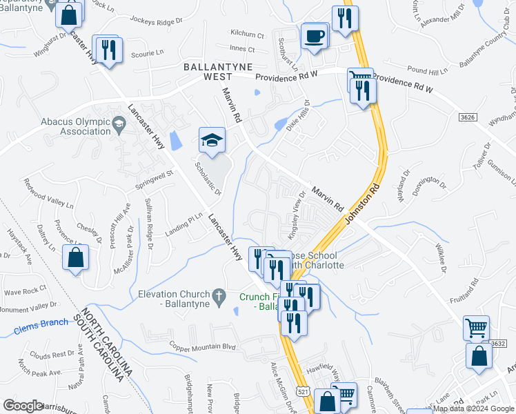 map of restaurants, bars, coffee shops, grocery stores, and more near 12116 Honor Guard Avenue in Charlotte