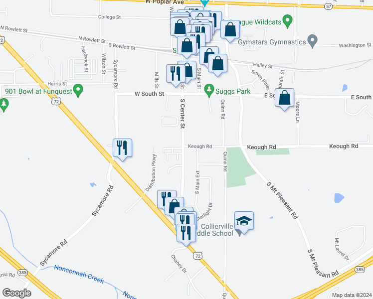 map of restaurants, bars, coffee shops, grocery stores, and more near 105 Keough Road in Collierville