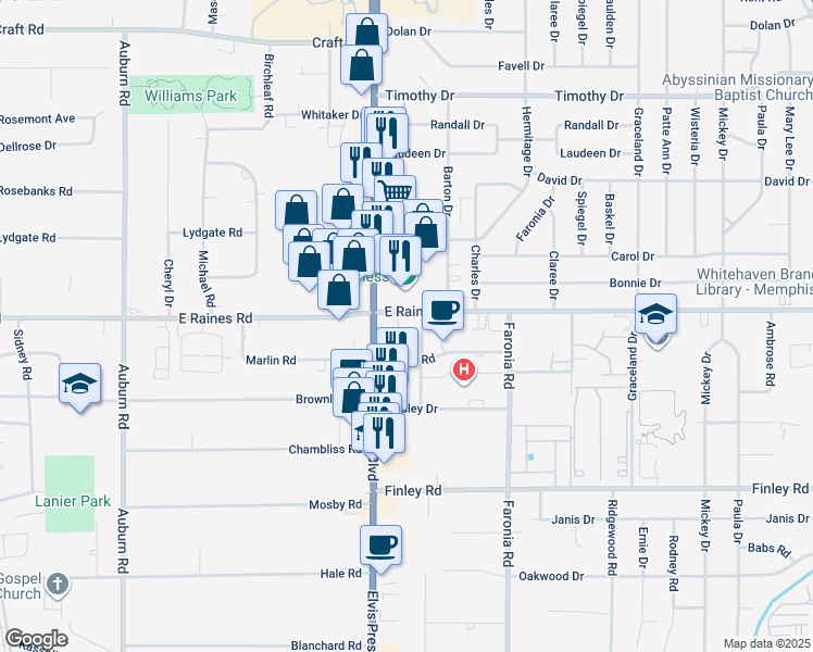 map of restaurants, bars, coffee shops, grocery stores, and more near 1200 East Raines Road in Memphis