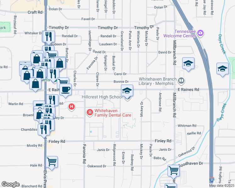 map of restaurants, bars, coffee shops, grocery stores, and more near 1453 East Raines Road in Memphis