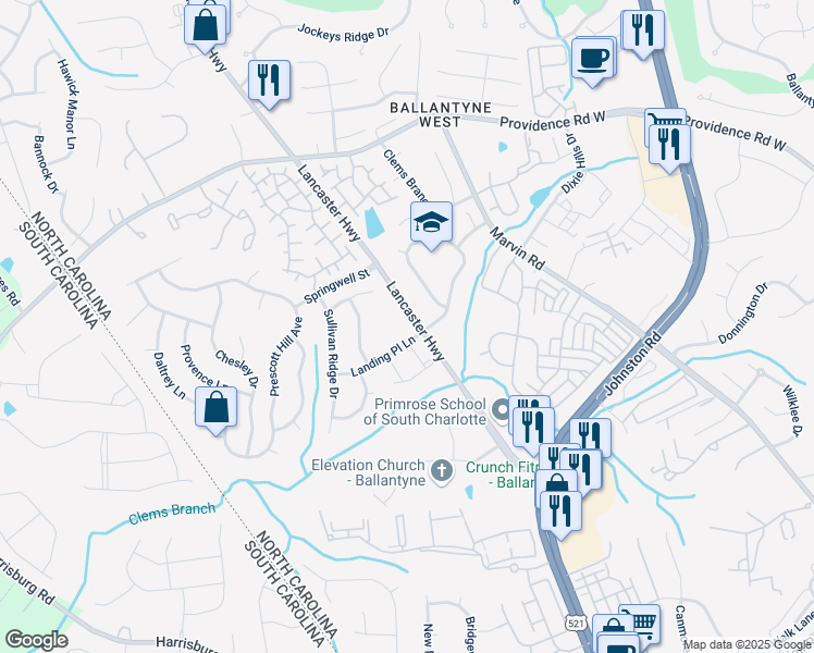 map of restaurants, bars, coffee shops, grocery stores, and more near 15655 Greythorne Drive in Charlotte