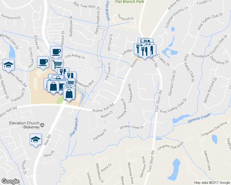 map of restaurants, bars, coffee shops, grocery stores, and more near 12331 Landing Green Drive in Charlotte