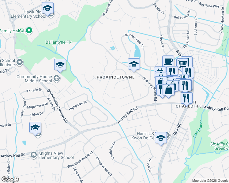 map of restaurants, bars, coffee shops, grocery stores, and more near 9402 Willow Tree Lane in Charlotte