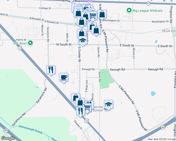 map of restaurants, bars, coffee shops, grocery stores, and more near 145 Keough Road in Collierville