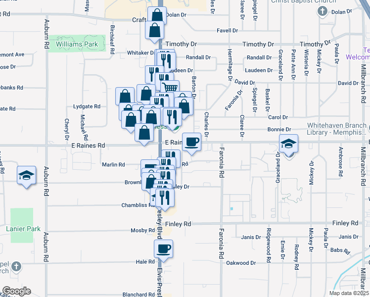 map of restaurants, bars, coffee shops, grocery stores, and more near in Memphis