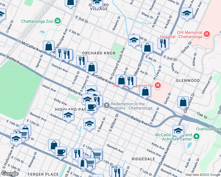 map of restaurants, bars, coffee shops, grocery stores, and more near 1907 Duncan Avenue in Chattanooga