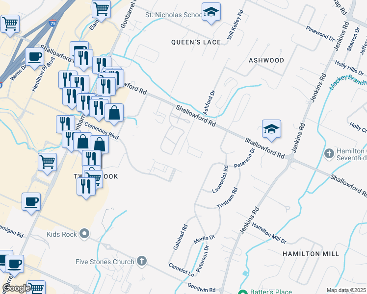map of restaurants, bars, coffee shops, grocery stores, and more near 2209 Ashford Drive in Chattanooga