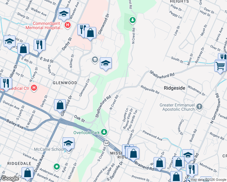 map of restaurants, bars, coffee shops, grocery stores, and more near 301 Mission Crest Lane in Chattanooga