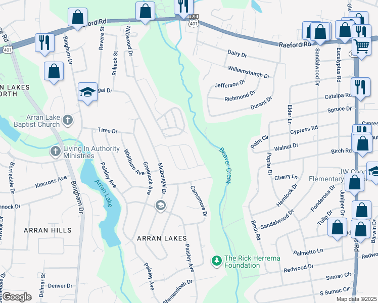 map of restaurants, bars, coffee shops, grocery stores, and more near 5858 Aftonshire Drive in Fayetteville