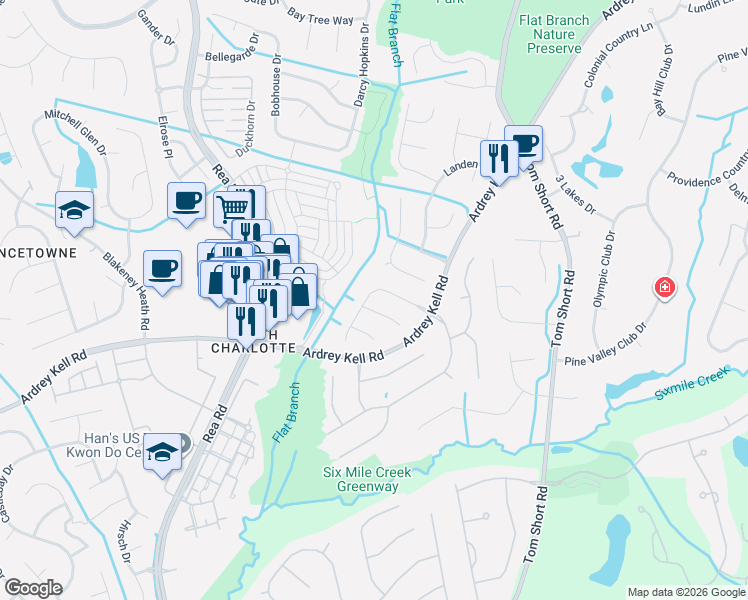 map of restaurants, bars, coffee shops, grocery stores, and more near 12211 Landing Green Drive in Charlotte