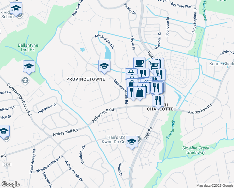 map of restaurants, bars, coffee shops, grocery stores, and more near 8846 Fieldcroft Drive in Charlotte