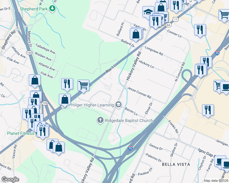 map of restaurants, bars, coffee shops, grocery stores, and more near 6717 Briana Way in Chattanooga
