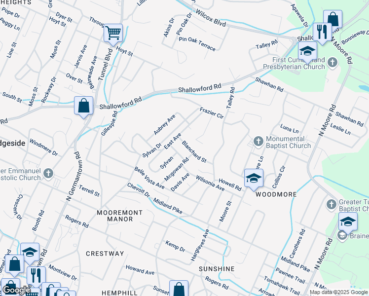 map of restaurants, bars, coffee shops, grocery stores, and more near 3902 Blanchard Street in Chattanooga