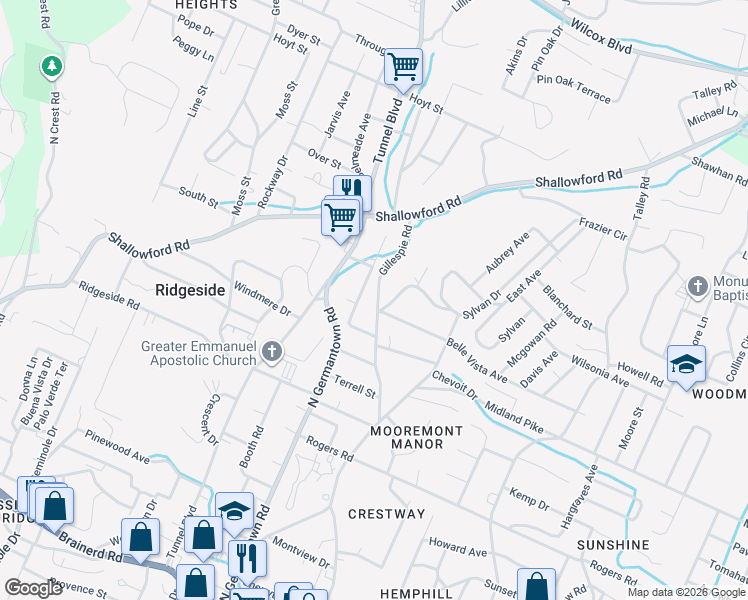 map of restaurants, bars, coffee shops, grocery stores, and more near 817 North Germantown Road in Chattanooga
