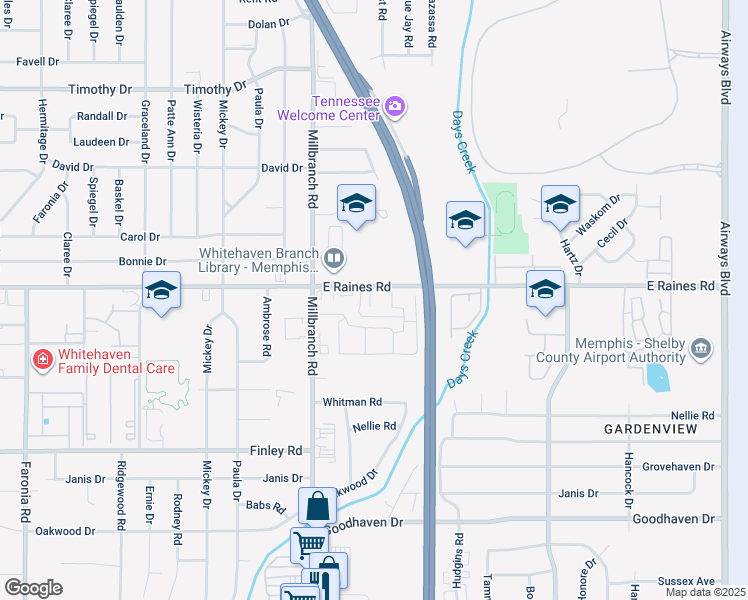 map of restaurants, bars, coffee shops, grocery stores, and more near 1785 East Raines Road in Memphis