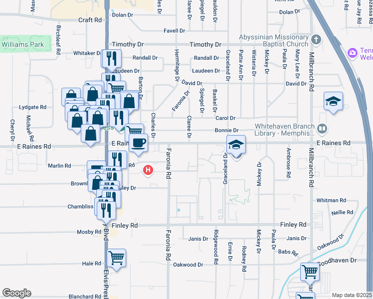 map of restaurants, bars, coffee shops, grocery stores, and more near 1381 East Raines Road in Memphis