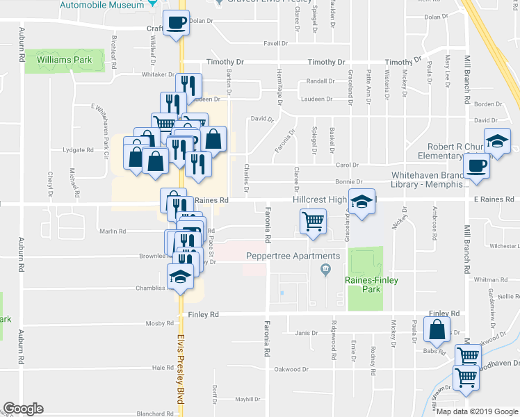 map of restaurants, bars, coffee shops, grocery stores, and more near in Memphis