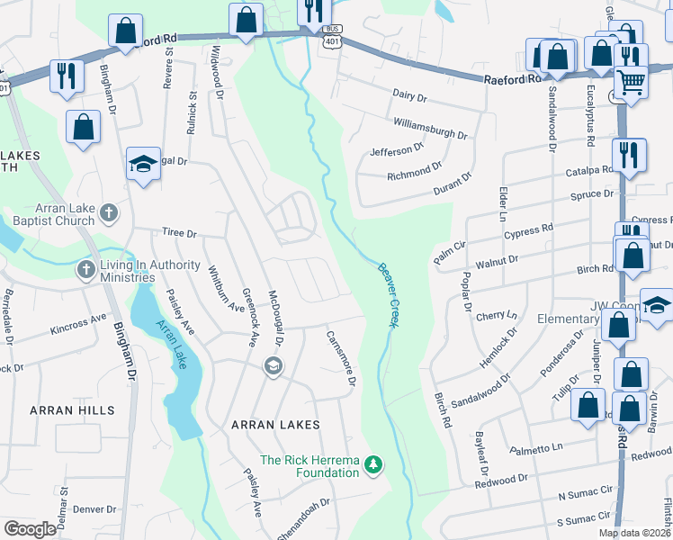 map of restaurants, bars, coffee shops, grocery stores, and more near 5858 Aftonshire Drive in Fayetteville