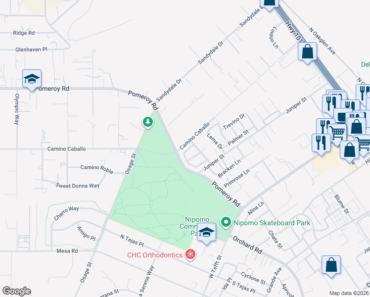 map of restaurants, bars, coffee shops, grocery stores, and more near 315 Alyssum Circle in Nipomo