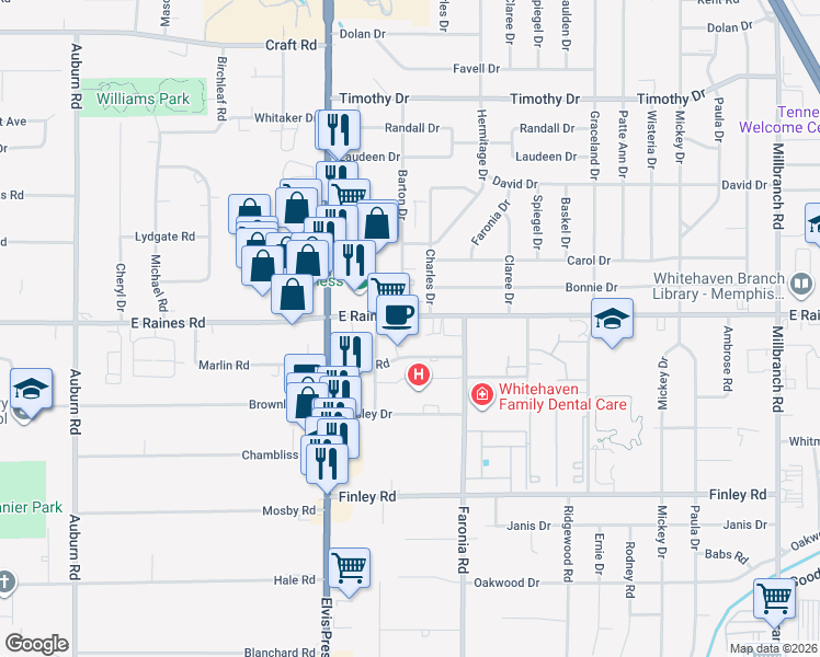 map of restaurants, bars, coffee shops, grocery stores, and more near 1261 East Raines Road in Memphis