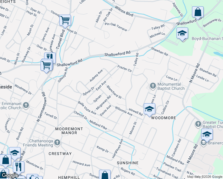 map of restaurants, bars, coffee shops, grocery stores, and more near 3916 Blanchard Street in Chattanooga
