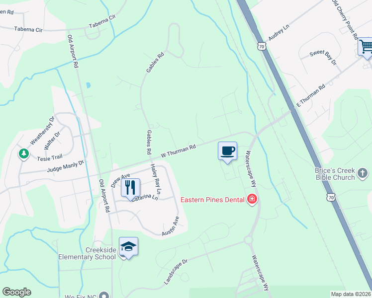 map of restaurants, bars, coffee shops, grocery stores, and more near State Road 1116 in New Bern