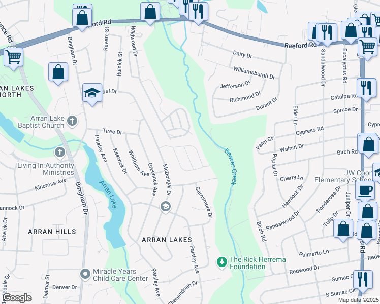 map of restaurants, bars, coffee shops, grocery stores, and more near 1411 Tangora Lane in Fayetteville