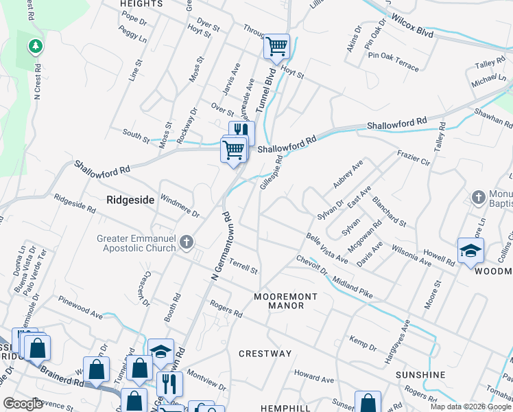 map of restaurants, bars, coffee shops, grocery stores, and more near 817 North Germantown Road in Chattanooga