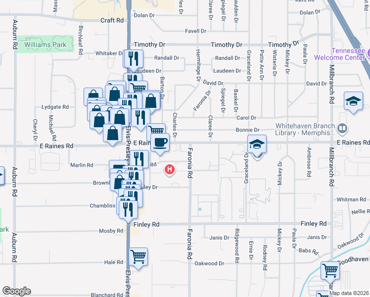 map of restaurants, bars, coffee shops, grocery stores, and more near in Memphis