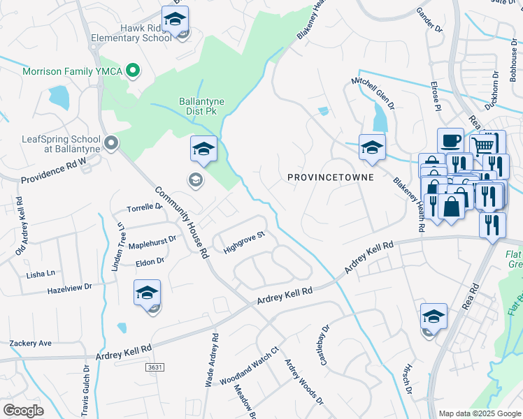map of restaurants, bars, coffee shops, grocery stores, and more near 8610 Highgrove Street in Charlotte