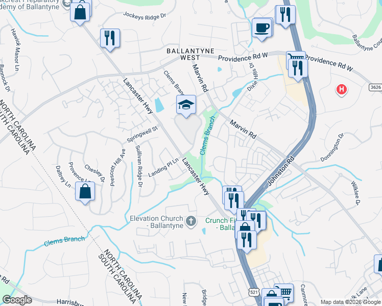 map of restaurants, bars, coffee shops, grocery stores, and more near 11926 Clems Branch Drive in Charlotte