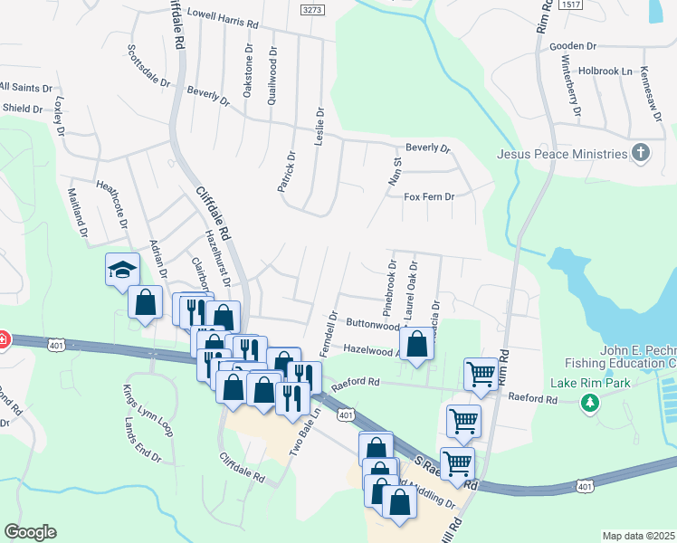 map of restaurants, bars, coffee shops, grocery stores, and more near 1454 Ferndell Drive in Fayetteville
