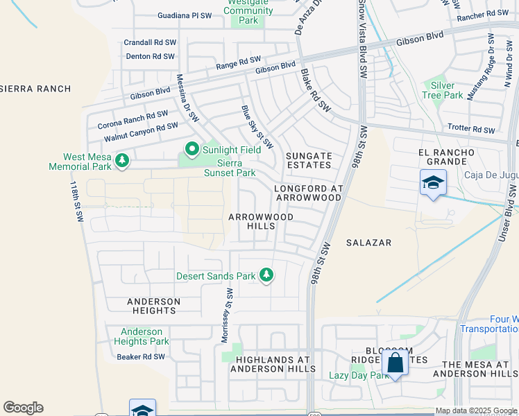 map of restaurants, bars, coffee shops, grocery stores, and more near 2828 Merlot Drive Southwest in Albuquerque