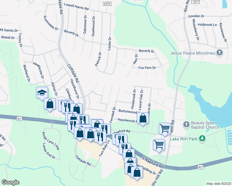 map of restaurants, bars, coffee shops, grocery stores, and more near 1454 Ferndell Drive in Fayetteville