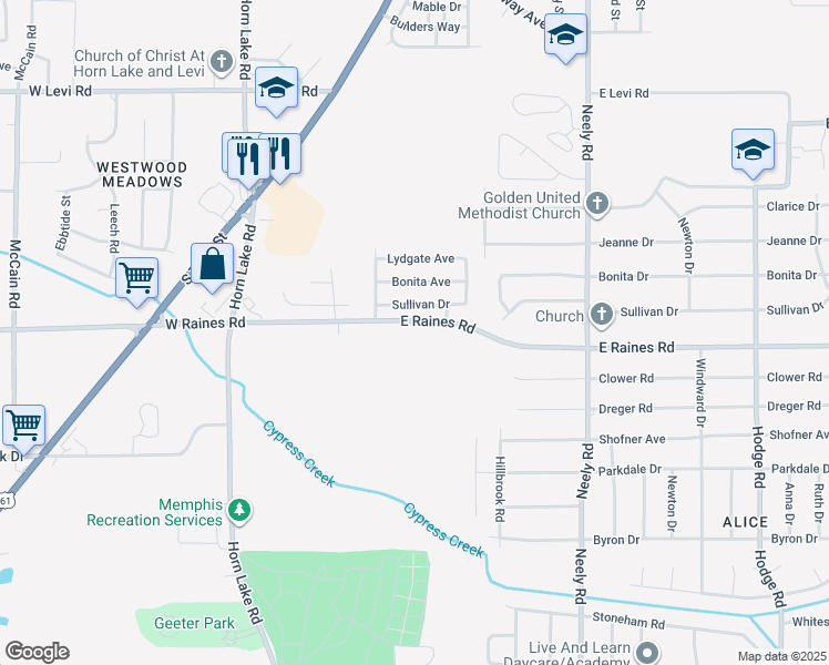 map of restaurants, bars, coffee shops, grocery stores, and more near 29 East Raines Road in Memphis