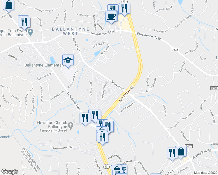 map of restaurants, bars, coffee shops, grocery stores, and more near 12099 Duke Lancaster Drive in Charlotte